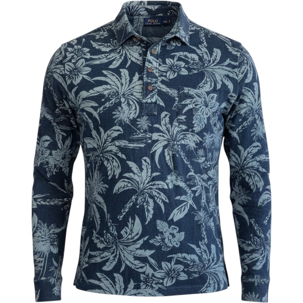 Polo Ralph Lauren Mens XXL Blue Tropical Palm Tree Long Sleeve Pique Polo Shirt